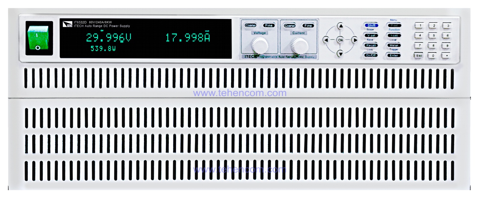 Model IT6532D with a maximum output power of 6 kW, which consists of two modules: a three-kilowatt generation and control module (top) and a three-kilowatt power increase module (bottom)