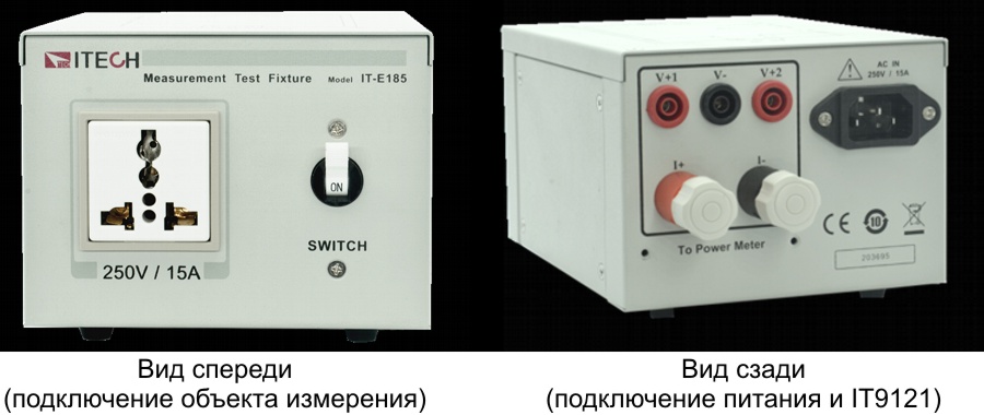 Вигляд спереду та задній вид пристрою ITECH IT-E185, призначеного для спрощення підключення об'єкта вимірювання до ITECH IT9121