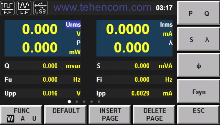 Пример экрана эталонного измерителя мощности ITECH IT9121 с возможностью выбирать параметры, которые будут показаны
