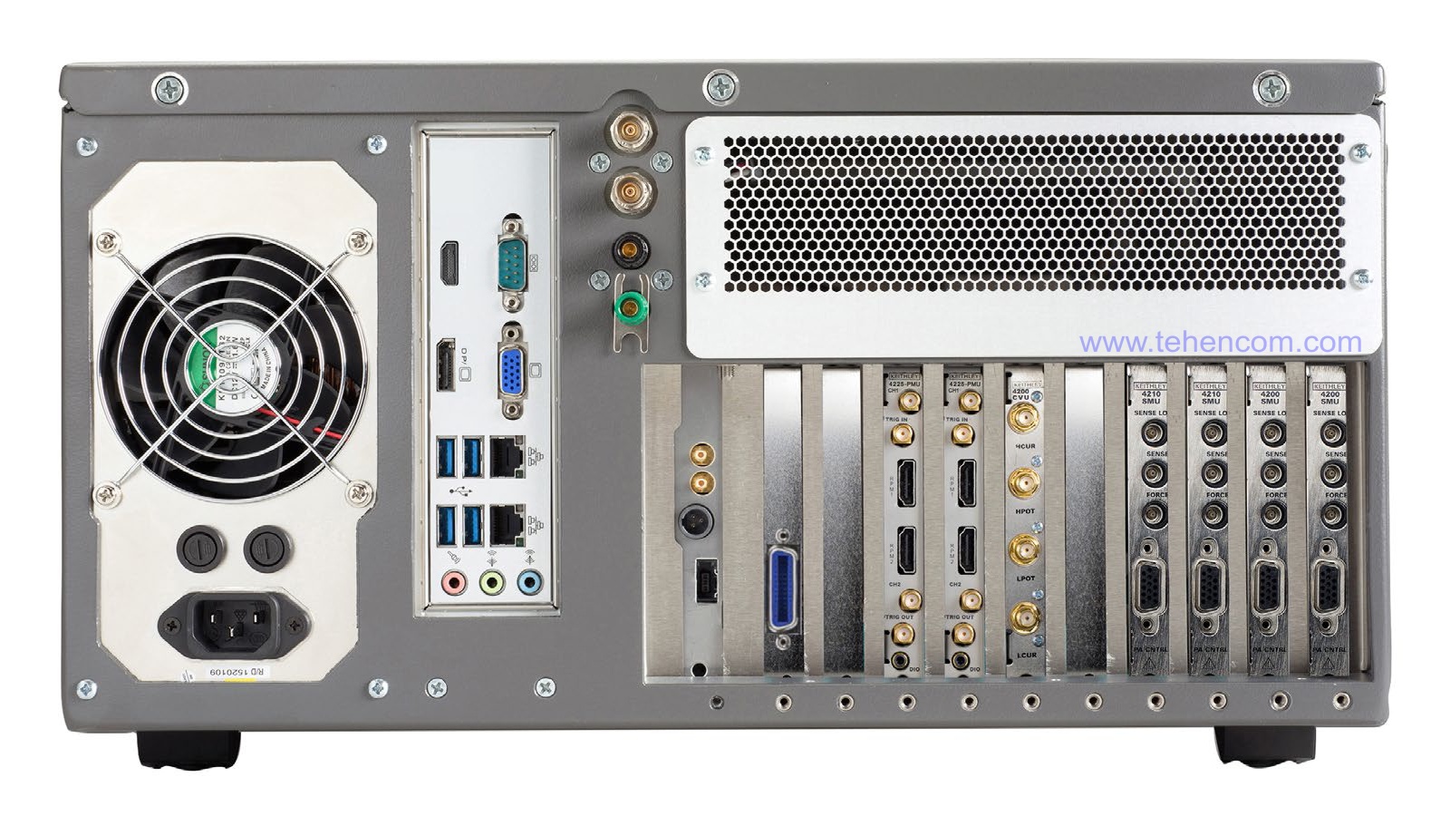 Rear panel of the Keithley 4200A-SCS Parametric Analyzer, which contains seven SMU, CVU, and PMU measurement modules