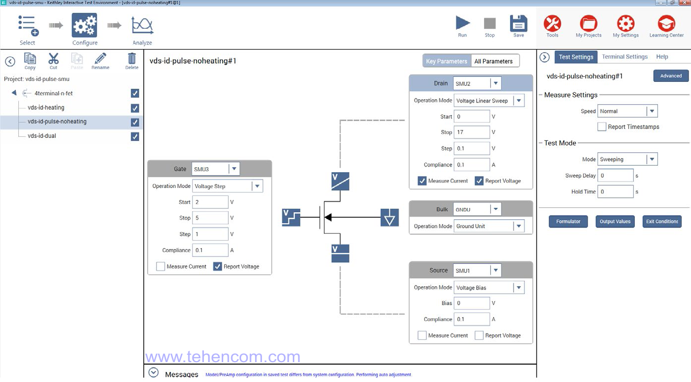 Example of transistor test settings in the Clarius program of the Keithley 4200A-SCS parametric analyzer