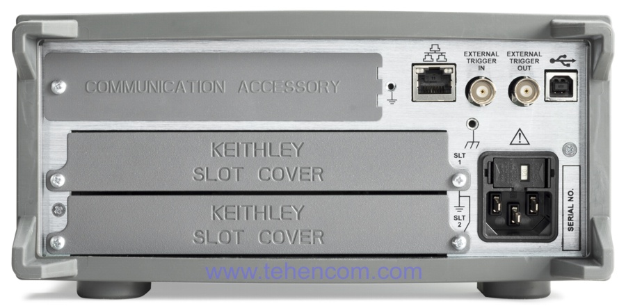 The rear panel of the Keithley DAQ6510 data acquisition system contains all the necessary connectors