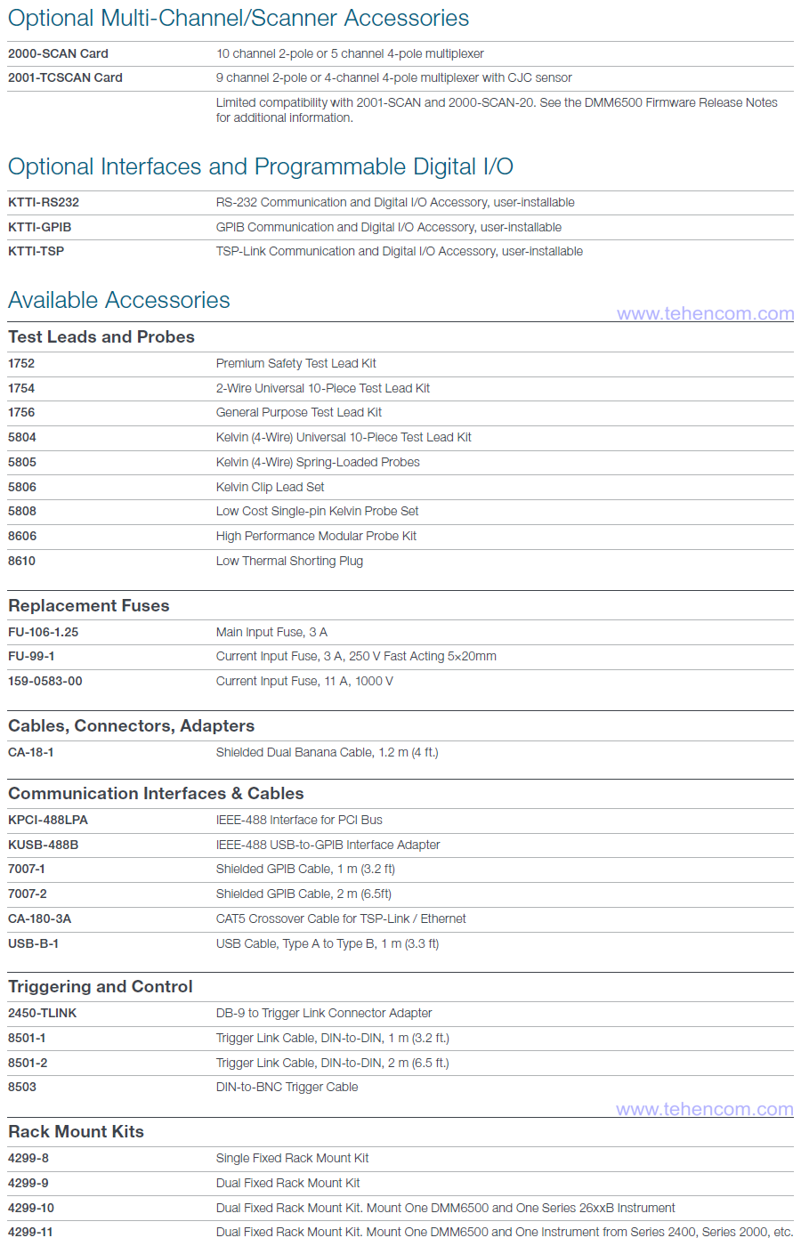 Options and accessories for Keithley DMM6500 laboratory multimeter