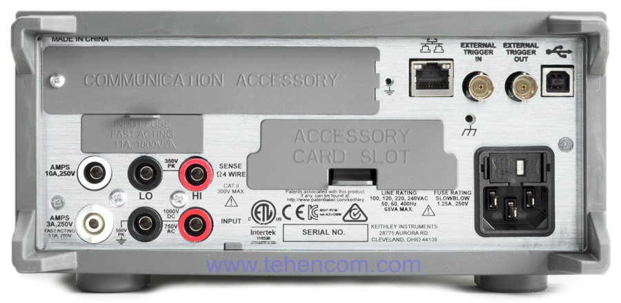 The rear panel of the Keithley DMM6500 precision multimeter contains all the necessary connectors