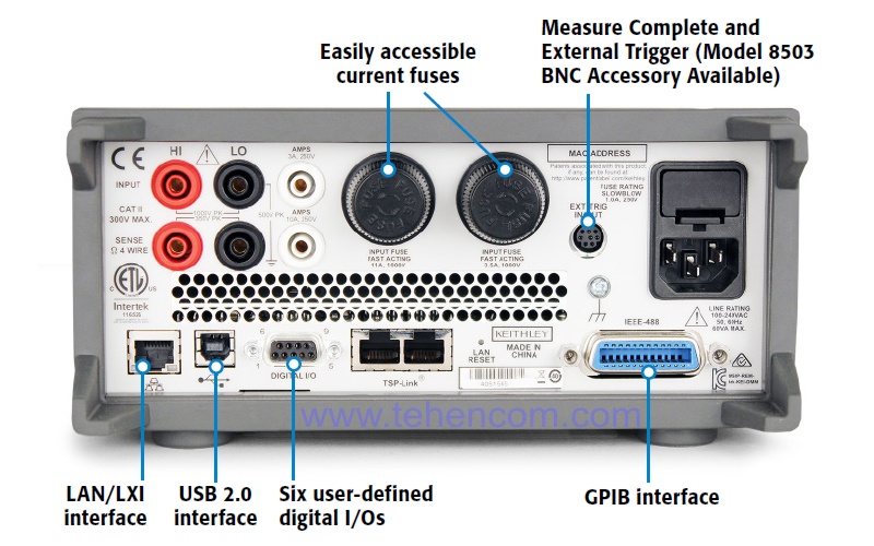 The back panel of the Keithley DMM7510 multimeter contains all the necessary connectors for integrating the multimeter into automated systems