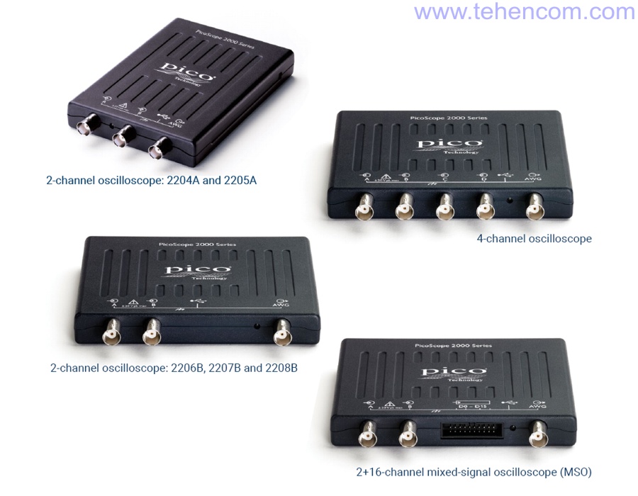 Appearance of different models of PicoScope 2000A and 2000B series compact oscilloscopes