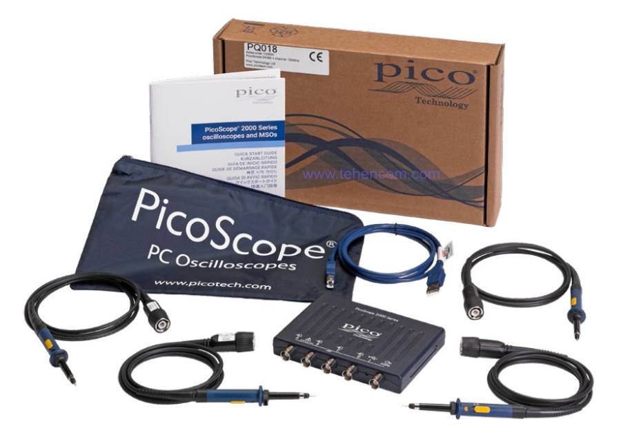 Комплект поставки четырёхканальных USB осциллографов Pico Technology серий PicoScope 2000A и PicoScope 2000B