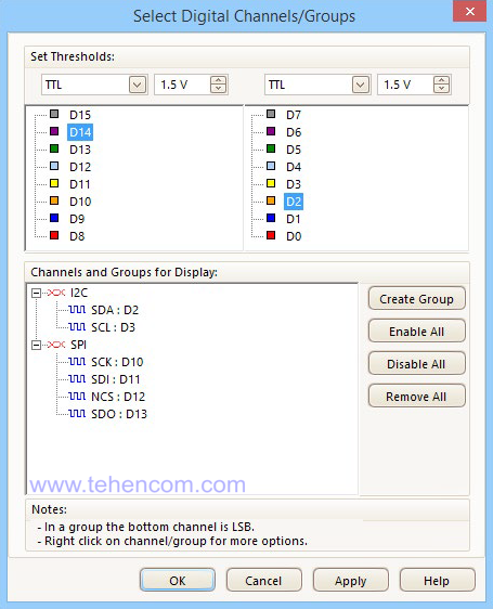 For digital channels of PicoScope 3000D MSO oscilloscopes, you can change the transition voltage between logical states, as well as combine them into logical groups