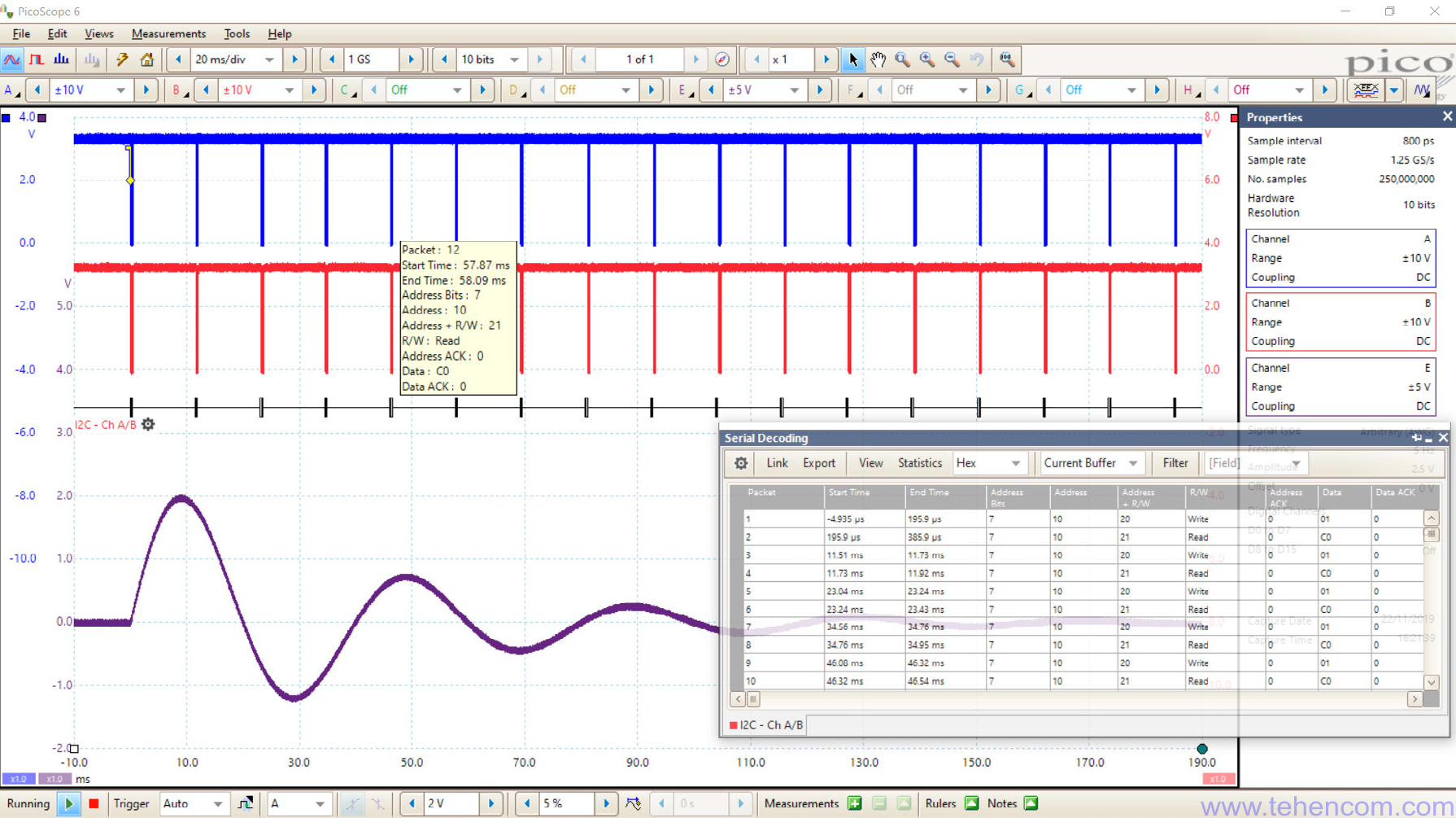 Decoding and analysis with PicoScope 6000E serial I2C protocol