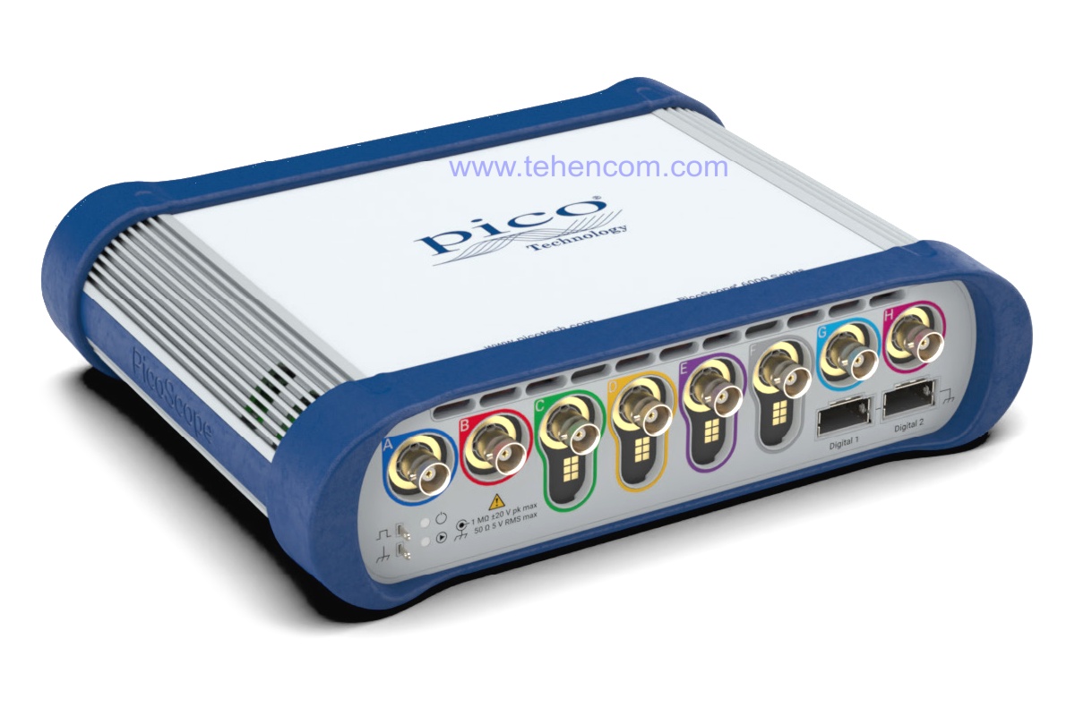 Pico Technology USB oscilloscopes of the PicoScope 6000E series. 500 MHz models: 6824E and 6804E (8 channels), 6424E and 6404E (4 channels). 300 MHz model: 6403E (4 channels)