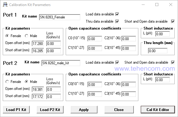 Вікно програми PicoVNA 2, в якому виконується калібрування аналізатора