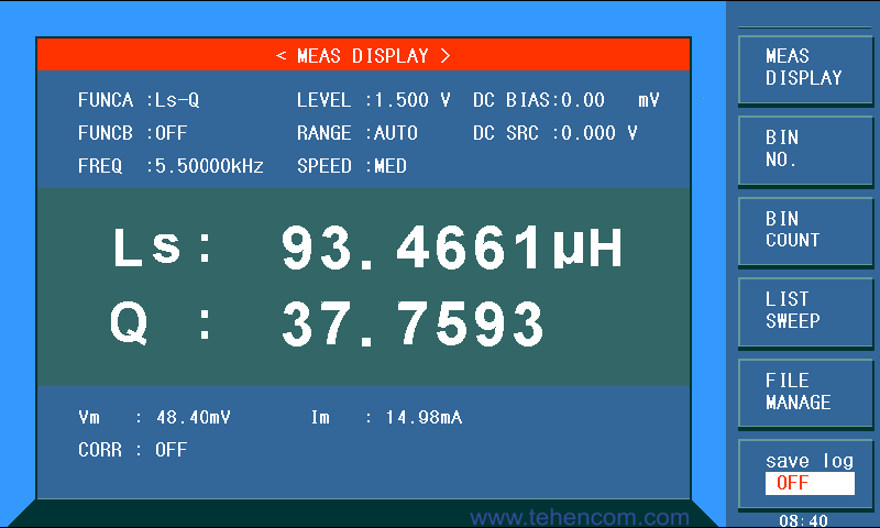 Экран Sourcetronic ST2829 с результатами измерений индуктивности и добротности