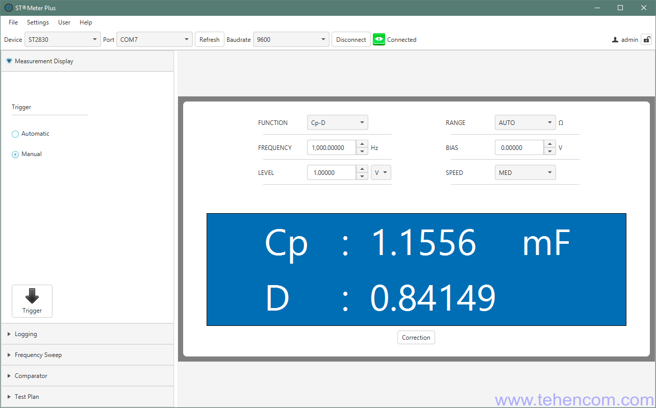 The main measurement screen of the STMeter 4.0 program for LCR meters of the Sourcetronic ST2829 series