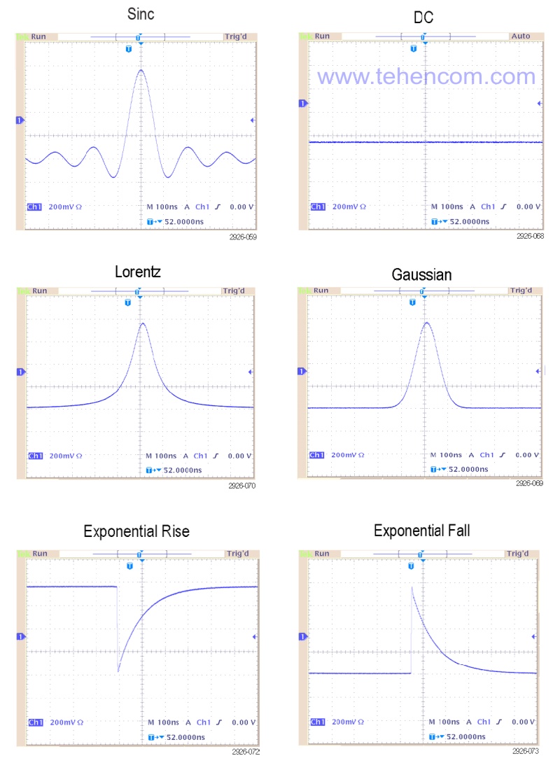 Examples of some of the other waveform types available on the Tektronix AFG1022 and AFG1062 generators in the built-in Waveform menu (Signal)