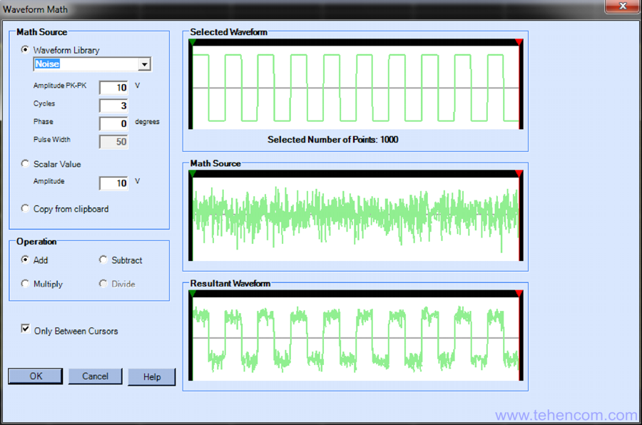 Пример наложения шума на сигнал меандра в программе ArbExpress, совместимой с генераторами сигналов серии Tektronix AFG31000