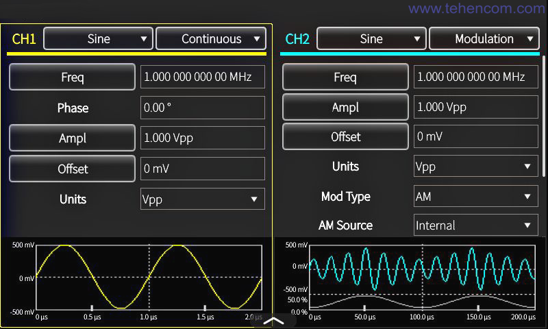 Screen of the Tektronix AFG31000 series generator in the mode of generating two different signals