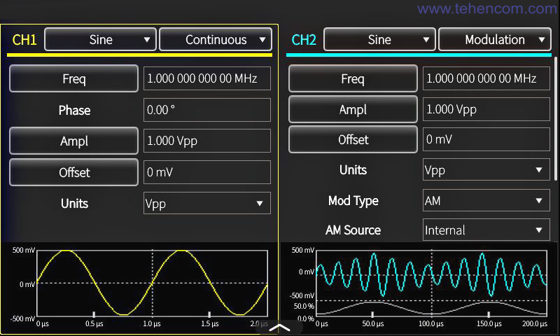 Экран генератора серии Tektronix AFG31000 в режиме формирования двух разных сигналов