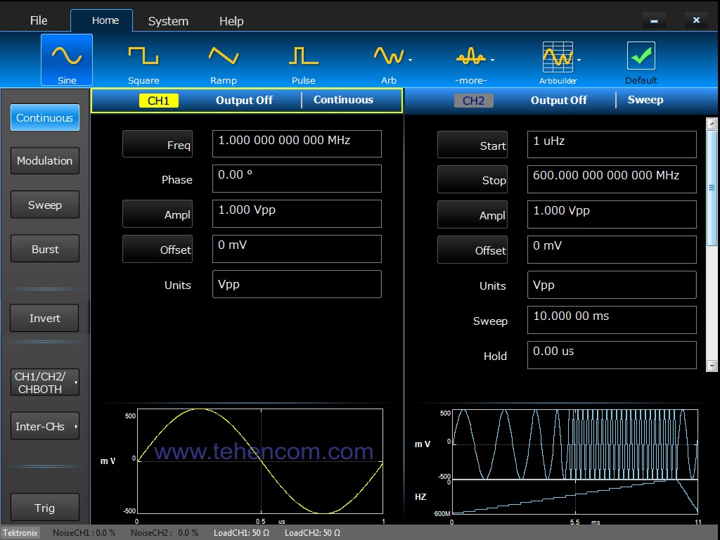 This photo shows an example screen of the AWG4000 in function generator mode. Pay attention to the simplicity and clarity of this mode. Tektronix AWG4000 Screen Example in Function Generator Mode
