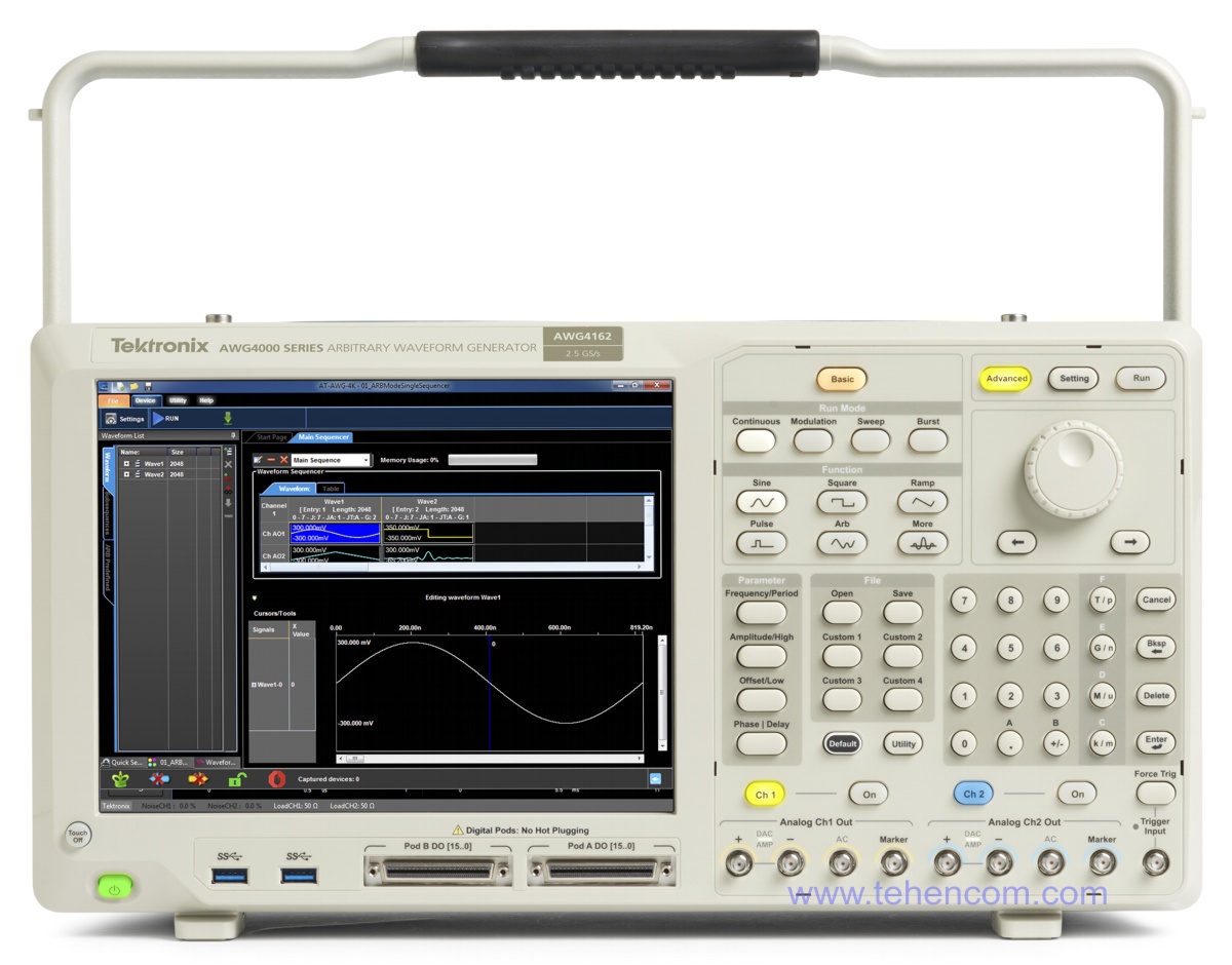 Генераторы сигналов произвольной формы, стандартных функций и цифровых последовательностей Tektronix серии AWG4000: модель AWG4162 (750 МГц, 2,5 Гвыб/с, 2 аналоговых + 32 цифровых канала)