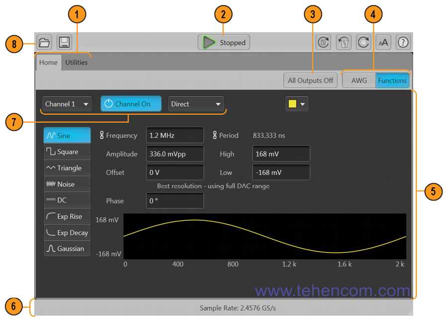 Базовий інтерфейс користувача генераторів Tektronix AWG70000B