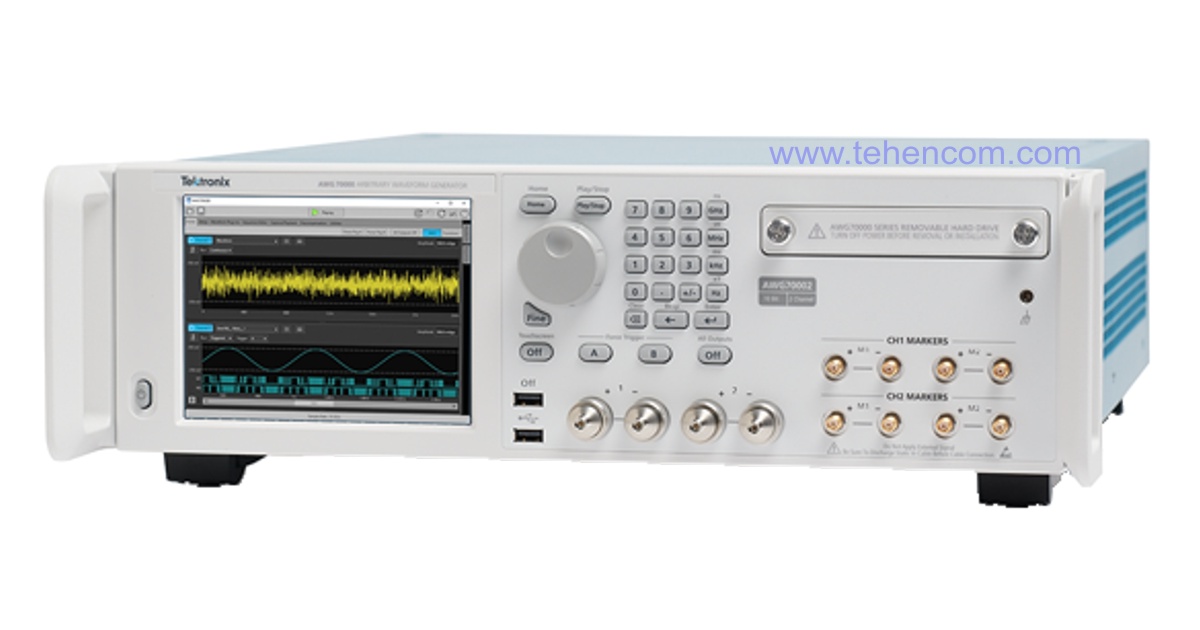 Високочастотні генератори сигналів довільної форми Tektronix серії AWG70000B: модель AWG70002B (до 10 ГГц, до 25 Гвиб/с, 2 канали) та модель AWG70001B (до 20 ГГц, до 50 Гвиб/с, 1 канал)