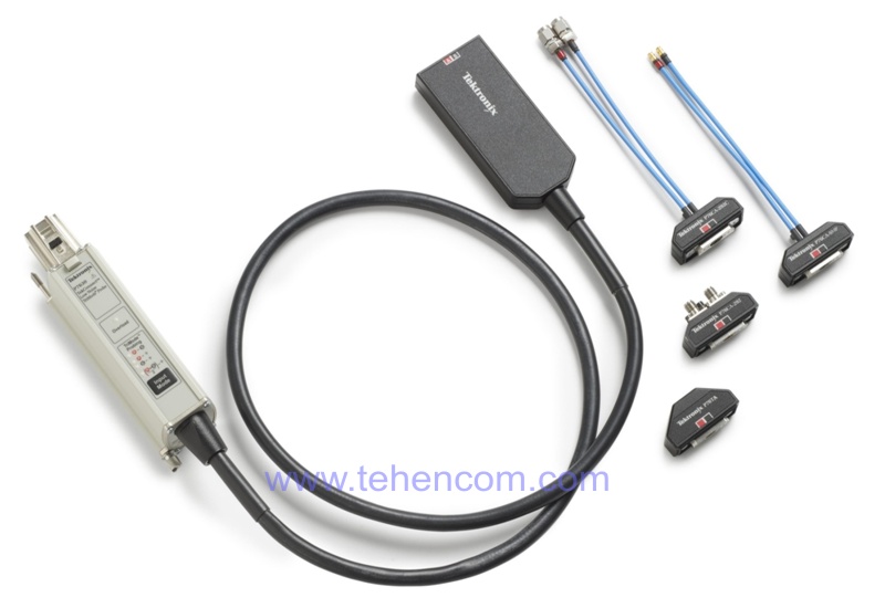 Tektronix P7630 TriMode low-noise probe with a set of nozzles for connecting to different types of connectors