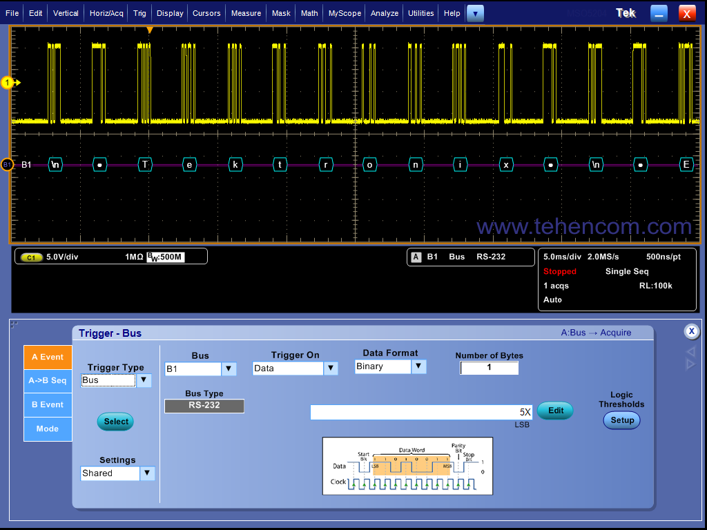 Пример запуска осциллографа серии Tektronix DPO7000C по определённому пакету данных, передаваемому по шине RS-232