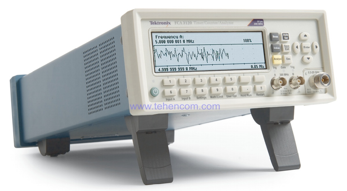 Частотоміри - таймери - аналізатори Tektronix серій FCA3000 та FCA3100: модель FCA3000 (до 300 МГц, 100 пс), модель FCA3100 (до 300 МГц, 50 пс), модель FCA3003 (до 3 ГГц, 3 , 50 пс), модель FCA3020 (до 20 ГГц, 100 пс), модель FCA3120 (до 20 ГГц, 50 пс)