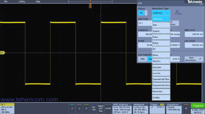 Tektronix MDO3 в режиме выбора типа сигнала встроенного генератора сигналов произвольной формы и стандартных функций