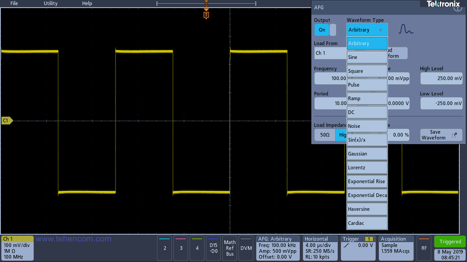The built-in arbitrary waveform and standard function generator generates various waveforms: sine (up to 50 MHz), square, sawtooth and pulse, constant voltage, noise, cardinal sine (Sinc), Gaussian and Lorentzian, exponential rise and fall, haversine, cardiosignal, etc. Tektronix MDO3 in built-in arbitrary waveform generator and standard functions signal type selection mode
