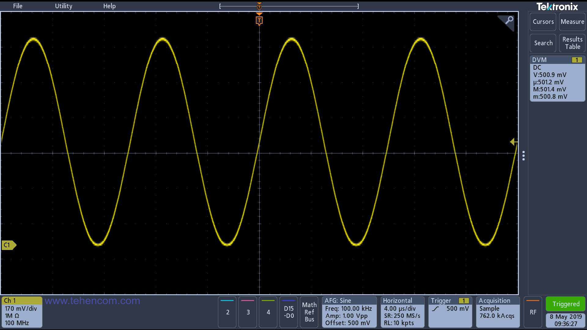 MDO3 oscilloscopes include a built-in 4-digit digital voltmeter and a 5-digit frequency counter. The signal from any analog input of the oscilloscope can be fed to a voltmeter or frequency counter without switching probes. Tektronix MDO3 with DVM badge activated (on the right side of the screen). Measurement results include current, average, maximum and minimum values.