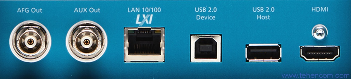 This photo shows a fragment of the rear panel of the MDO3 oscilloscope, which contains the following communication interfaces: Ethernet with LXI support, USB 2.0 (for connecting to a computer), USB 2.0 (for connecting a flash drive) and HDMI (for connecting an external display). Tektronix MDO3 Oscilloscope Communication Interfaces