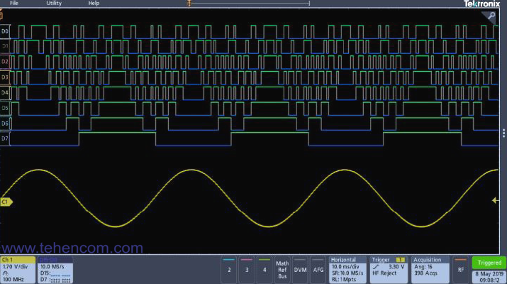 Анализ работы ЦАП с помощью осциллографа Tektronix MDO3. На экране: аналоговый выход ЦАП (жёлтый синус) и 8 цифровых сигналов шины данных ЦАП.