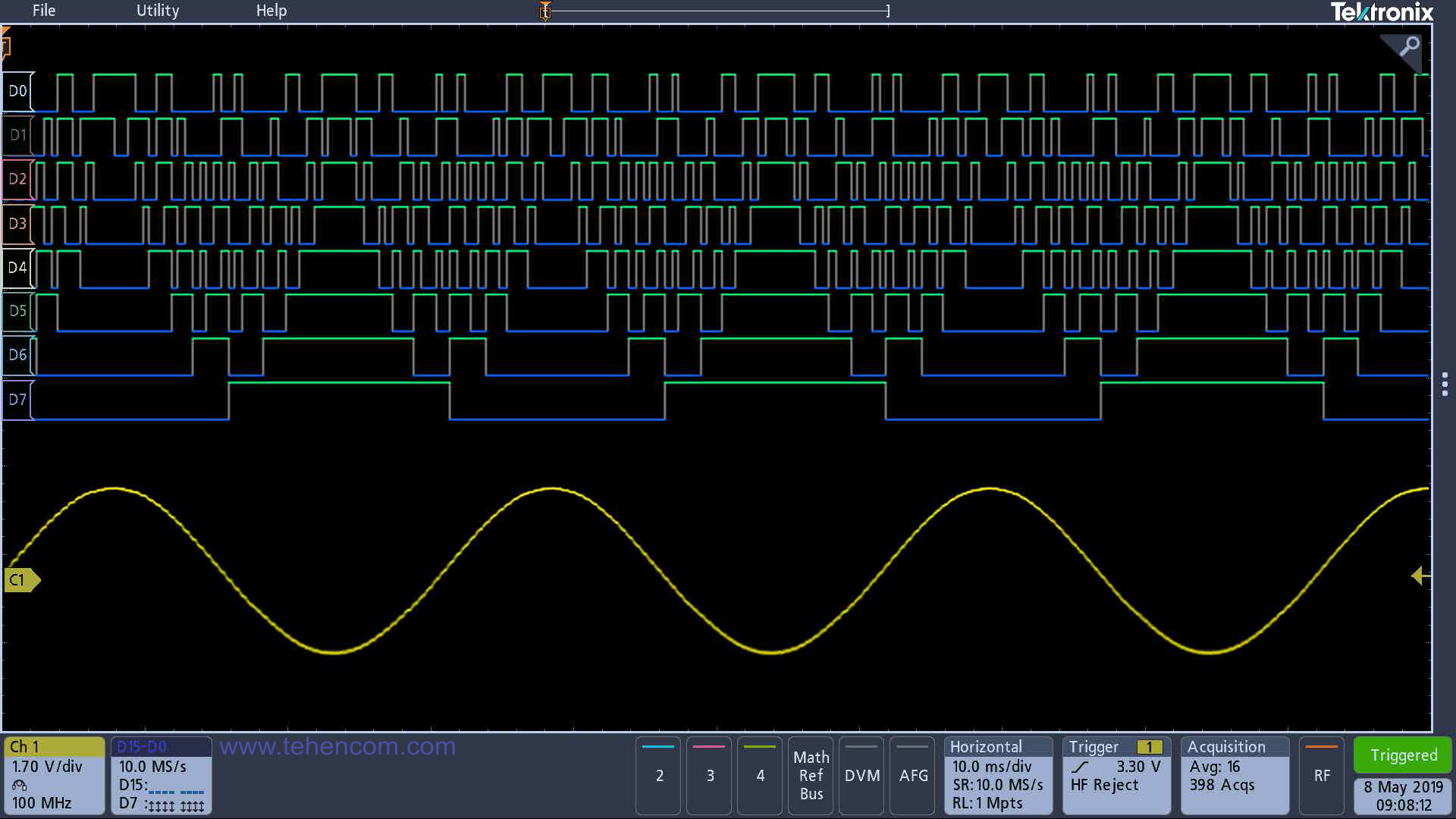 This screenshot from a Tektronix MDO3 oscilloscope shows an example of a logic analyzer (option 3-MSO). The input 8-bit parallel DAC bus and its analog output (yellow sine) are shown. Analysis of DAC operation using Tektronix MDO3 oscilloscope. On the screen: DAC analog output (yellow sine) and 8 digital signals of the DAC data bus.