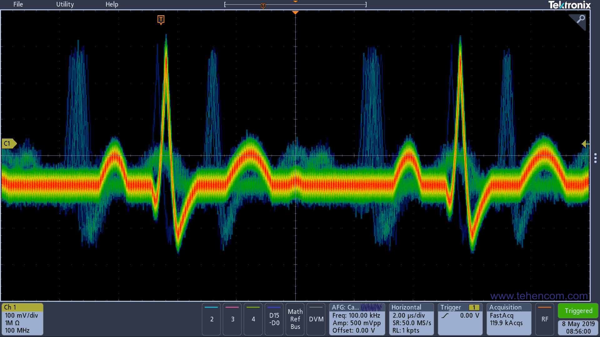 This photo shows the Tektronix MDO3 oscilloscope screen in DPO mode, which can reliably detect single waveform deviations, even as short as 3.5 µs. Tektronix MDO3 Series oscilloscopes with digital phosphor technology and FastAcq capture mode support over 280,000 waveforms per second acquisition and real-time gradation display