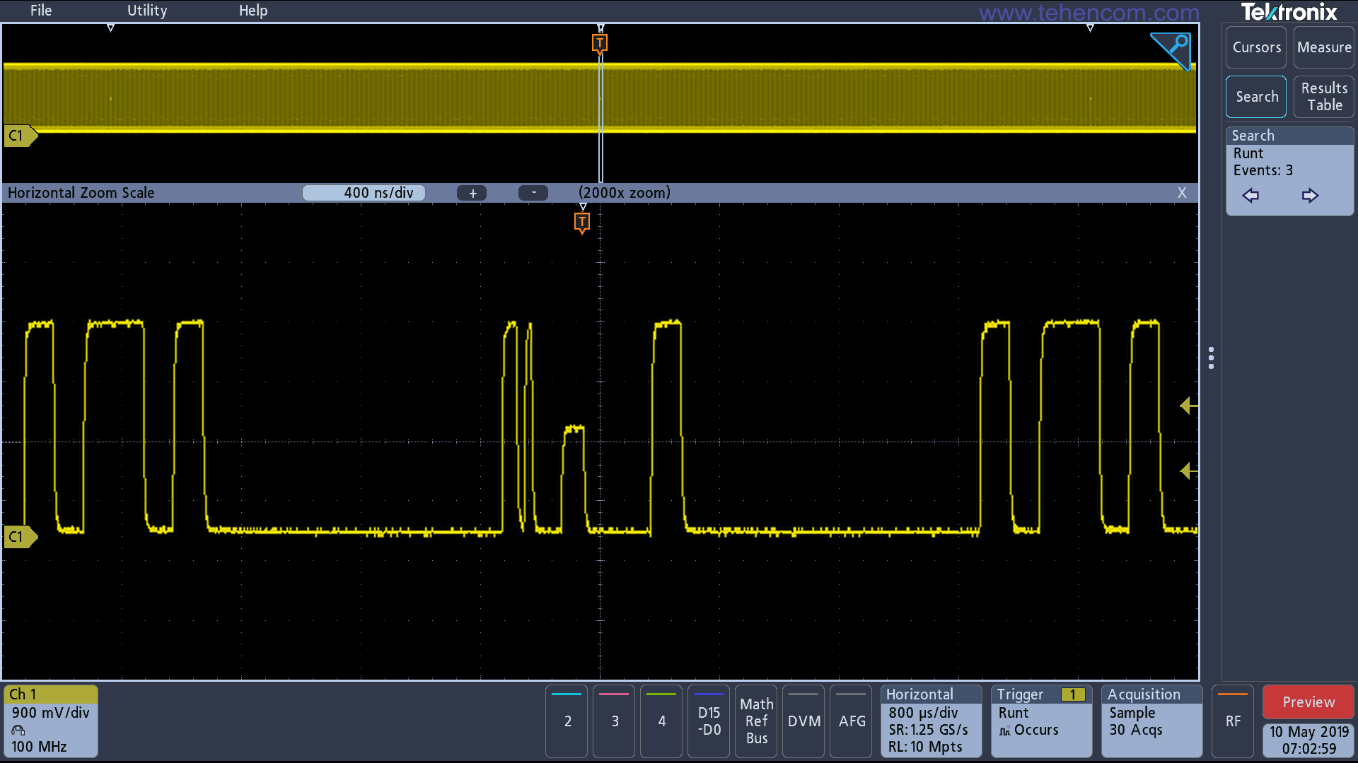 This Tektronix MDO3 screen capture shows the entire channel 1 signal sample containing 10 million samples. It looks like a long yellow rectangle, on which no details of the signal are visible. Throughout this sample, the oscilloscope conducted an automatic search for signal runs (pulses that have a lower level than all other pulses) and found three such events. In the central part of the screen, there is a greatly enlarged sample fragment containing the second of the three rants found. Tektronix MDO3 oscilloscopes automatically find and flag predefined events from millions of sample points. In this case, three signal runs were found in the channel 1 sample.