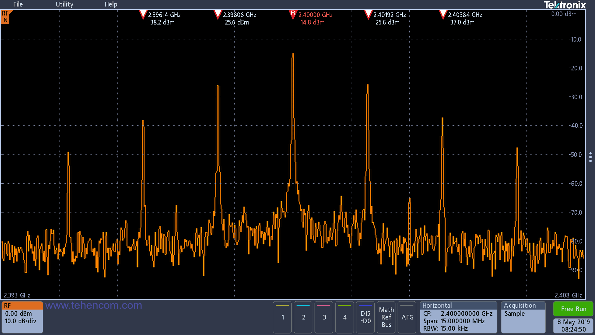 When using the spectrum analyzer's RF input, the Tektronix MDO3 oscilloscope's display changes to a full screen display of waveforms in the frequency domain. All key spectrum parameters such as Center Frequency, Span, Reference Level, and Resolution Bandwidth (RBW) are quickly and easily configured using the touch screen menu or the familiar front panel knobs and buttons. device. Tektronix MDO3 in frequency domain display mode. In this case, the signal under study is fed to a separate input of the spectrum analyzer (with an impedance of 50 Ohms), located on the front panel of the device.