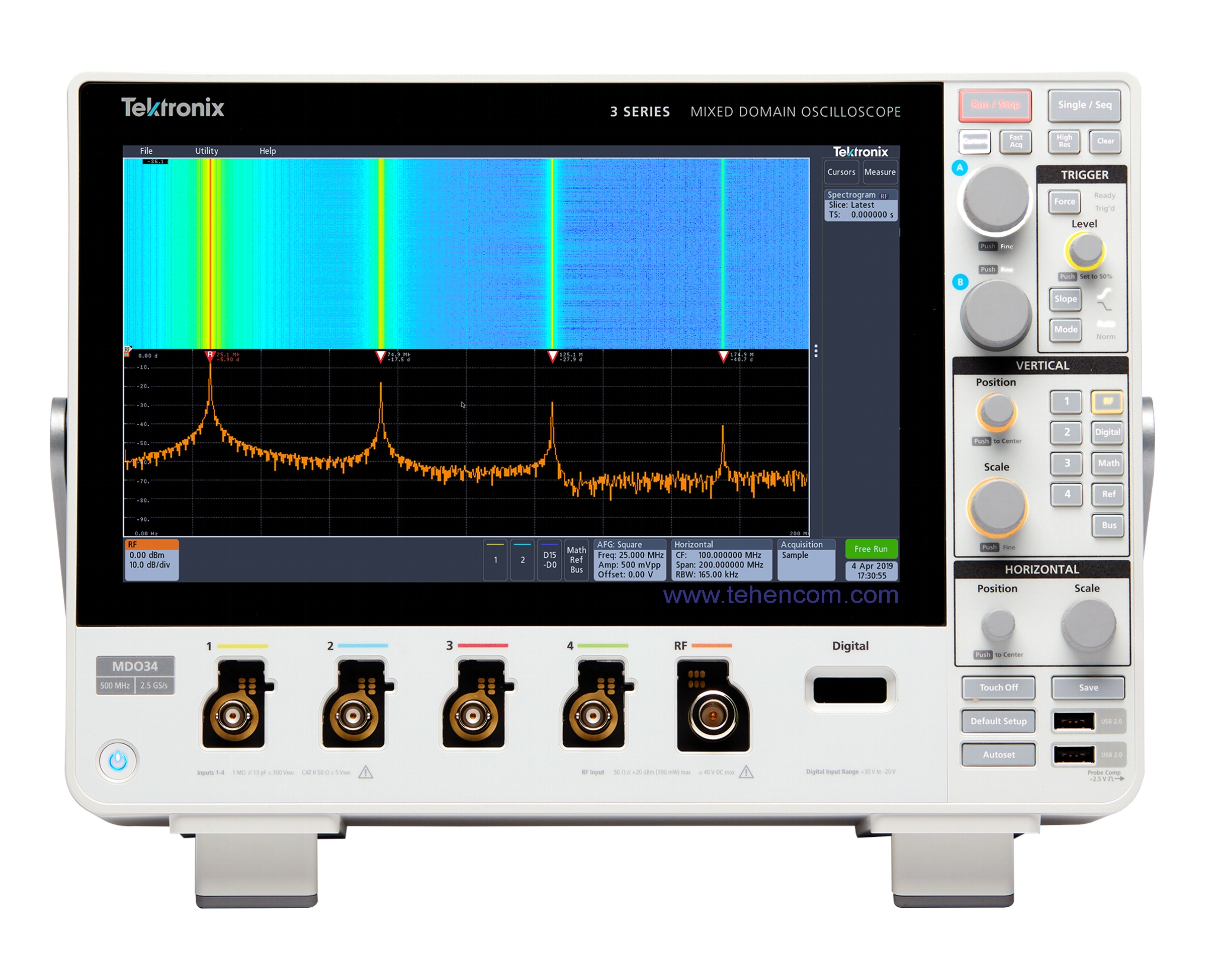 This photo shows a Tektronix MDO3 oscilloscope in spectrogram mode, which is ideal for tracking slowly changing events in RF signals. The Tektronix MDO3 in spectrogram mode displays slowly changing events in RF signals. All variations of frequency and amplitude values in time are clearly visible.