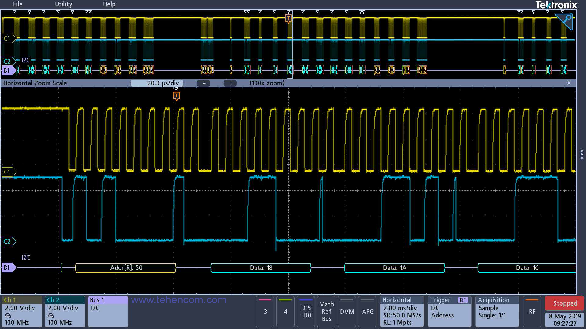 This screenshot shows the screen of a Tektronix MDO3 oscilloscope in trigger mode on a specific I2C serial bus address. The yellow waveform is the bus clock signal, and the blue waveform is the data transmitted over it. Below them is the decoded contents of the bus packets, including Start, Address, Read/Write, Data, and Stop. Tektronix MDO3 in trigger mode on a specific I2C serial bus address. The yellow waveform is the bus clock signal, and the blue waveform is the transmitted data.