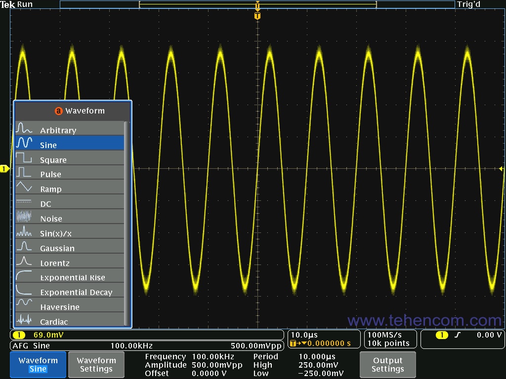Tektronix MDO4000C в режиме выбора типа сигнала встроенного генератора сигналов произвольной формы и стандартных функций