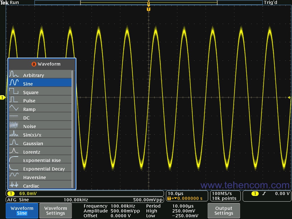 Tektronix MDO4000C в режиме выбора типа сигнала встроенного генератора