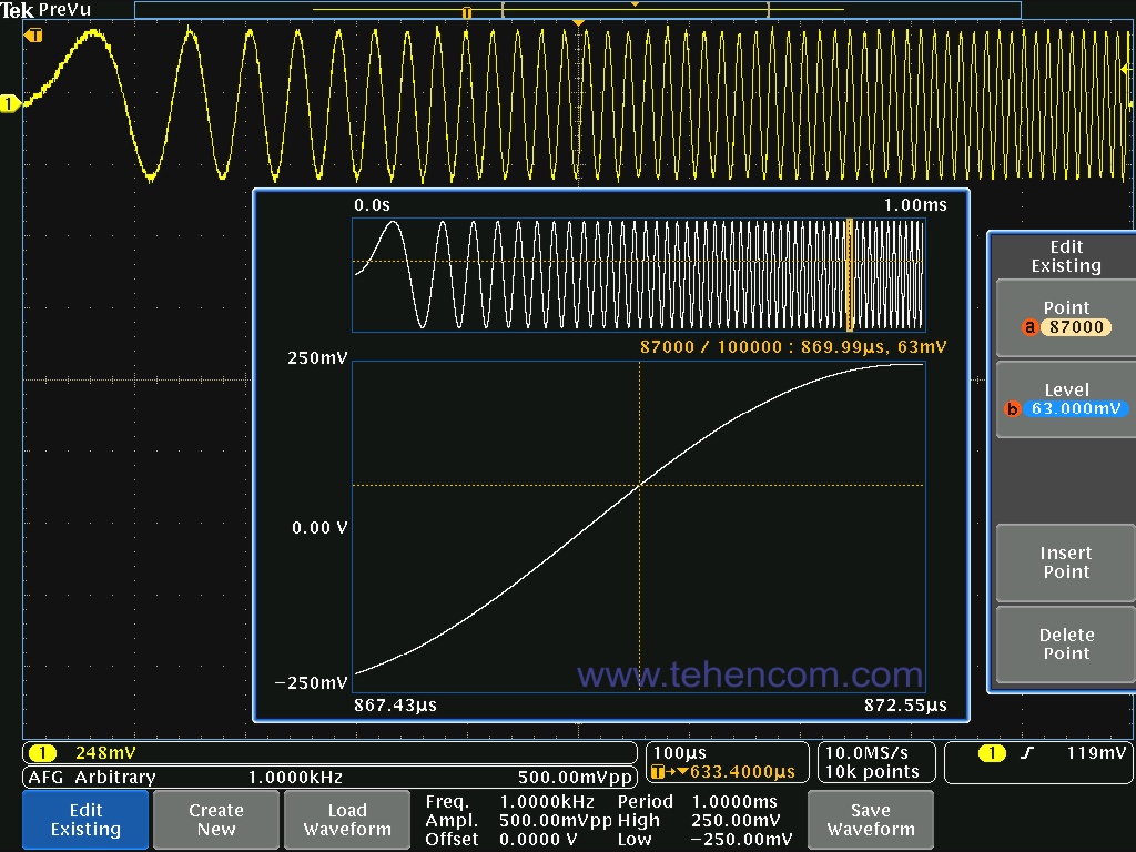Tektronix MDO4000C в режиме редактора для поточечного редактирования сигналов произвольной формы