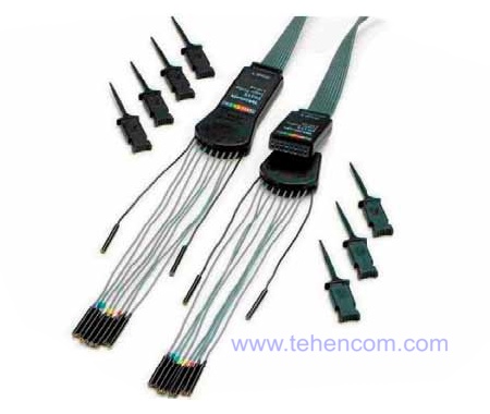 The P6316 Mixed Signal Oscilloscope Probe has two eight-channel contact sets for easy connection to the device under test.