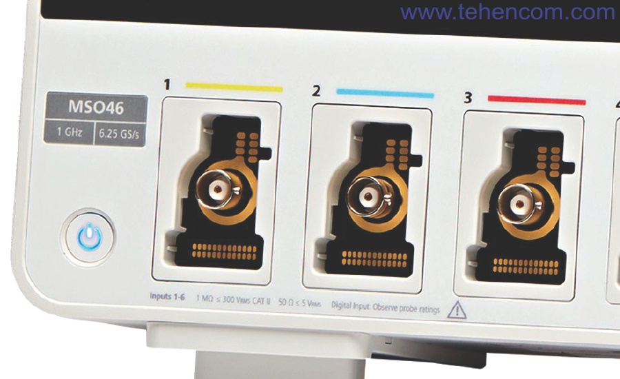 Конектори каналів Tektronix MSO4 сумісні з безліччю аналогових пробників, а також восьмиканальним цифровим пробником TLP058