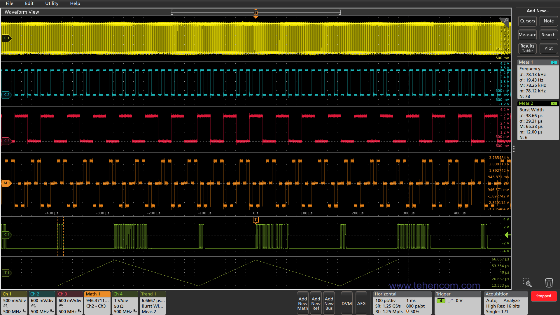 Большой экран осциллографов серии Tektronix MSO6 с разрешением 1920 на 1080 точек позволяет подробно рассмотреть мельчайшие детали сигналов