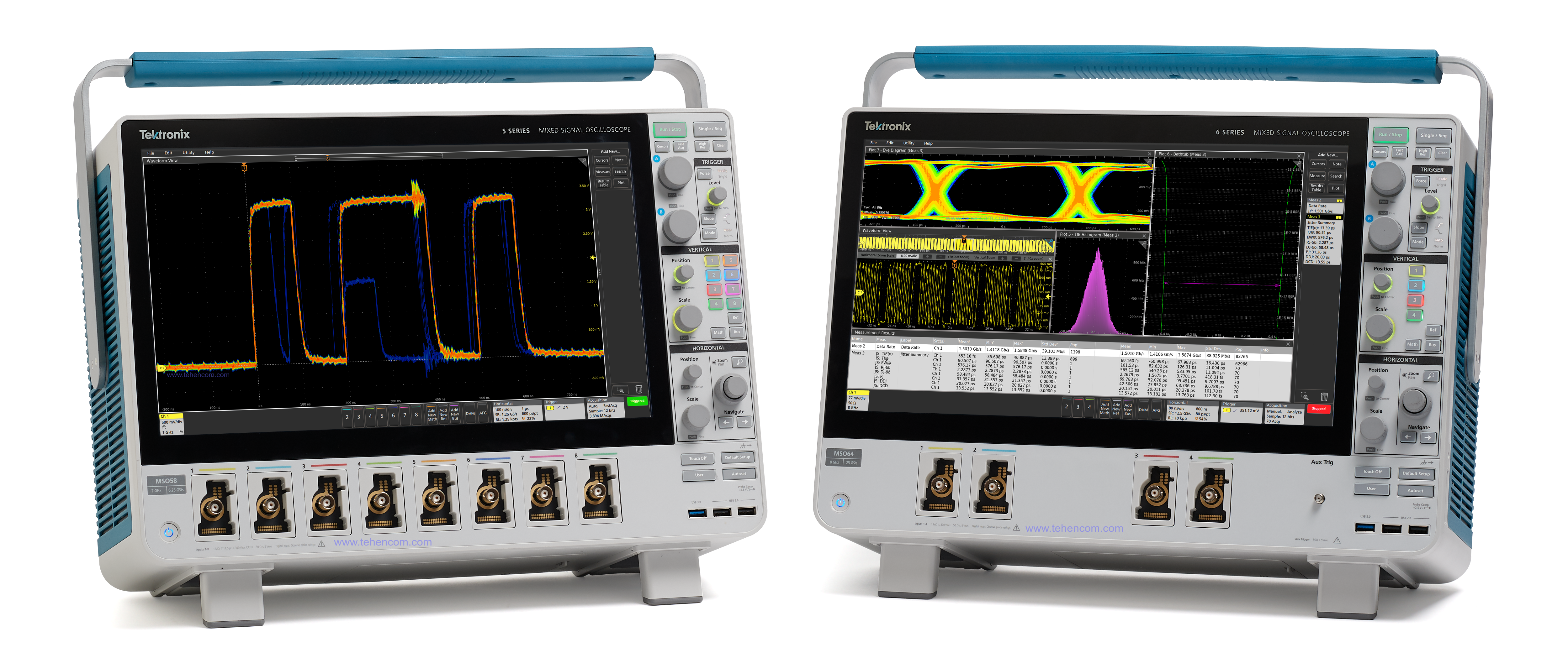 Tektronix MSO5 series 8-channel 2 GHz oscilloscope (left) and Tektronix MSO6 series 4-channel 8 GHz oscilloscope (right)