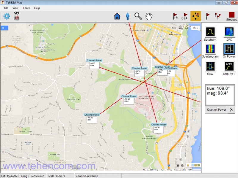 An example of finding a source of interference using the Tektronix RSA306 analyzer with SignalVu-PC software in three dimensions with plotting the location on a terrain map