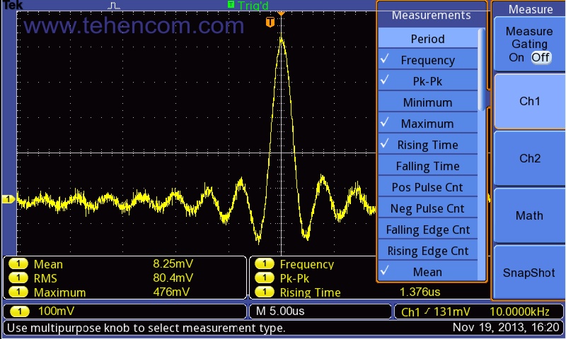 Сигнал сложной формы и меню выбора автоматических измерений осциллографов Tektronix TBS1000B и TBS1000B-EDU