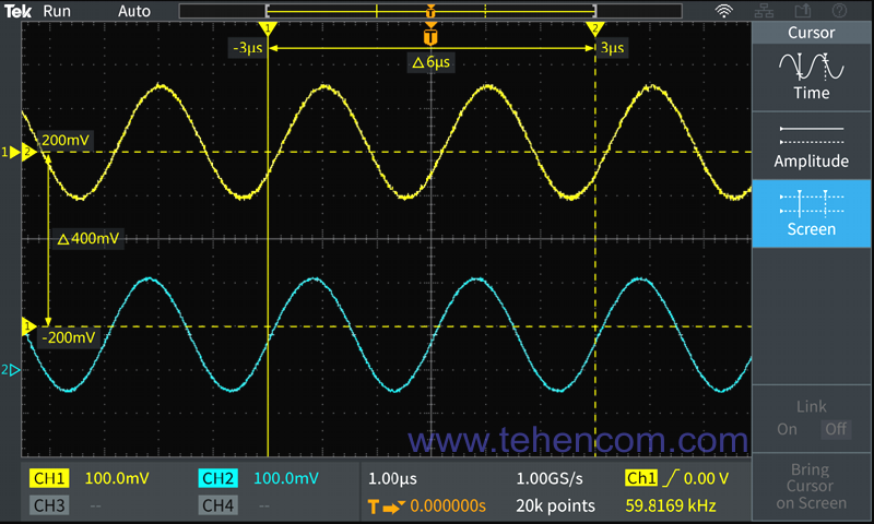 Tektronix TBS2000B oscilloscope cursors measure the time and amplitude of any signal point. Cursor data is displayed directly on the waveform.