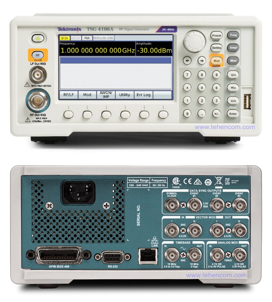 Внешний вид передней и задней панелей генераторов серии Tektronix TSG4100A